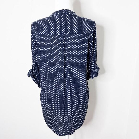 Market & Spruce Women's Top S Blue & White Polka Dot Roll Tab Sleeve 1/4 Button - Picture 6 of 9